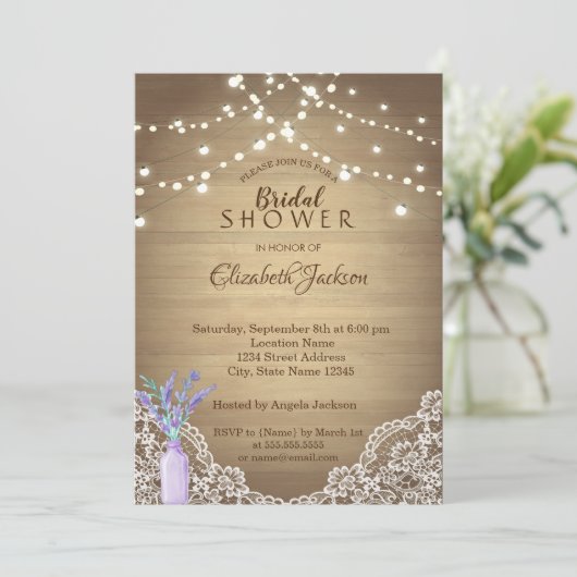 Rustic Lace, Lavander Mason Jar, String Lights Kaart (Staand voorkant)