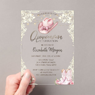 Rustic Lace,Lights Cowgirl Laarzen Hoed Quinceañer Acryl Uitnodigingen