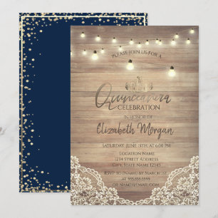 Rustic Lace, Lights, Tiara, Diamonds Quinceañera Kaart