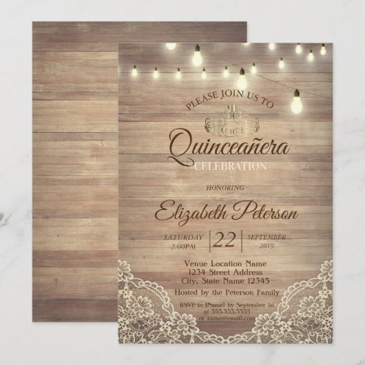 Rustic Lace, Lights, Tiara, Quinceañera Party Kaart (Voorkant / Achterkant)