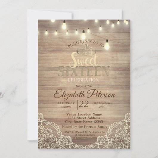 Rustic Lace, Lights, Tiara, Sweet 16 Party Kaart (Voorkant)