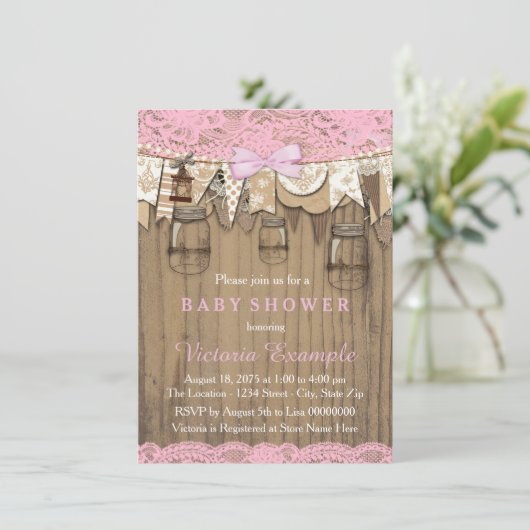 Rustic Lace Mason Jar Baby shower Kaart (Staand voorkant)