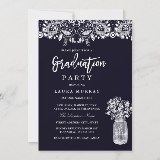Rustic Lace Mason Jar Navy Graduy Party Kaart (Voorkant)