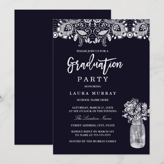 Rustic Lace Mason Jar Navy Graduy Party Kaart (Voorkant / Achterkant)