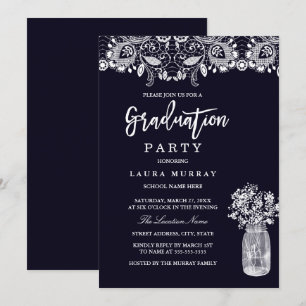 Rustic Lace Mason Jar Navy Graduy Party Kaart