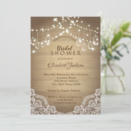 Rustic Lace, Mason Jar, String Lights Kaart (Staand voorkant)