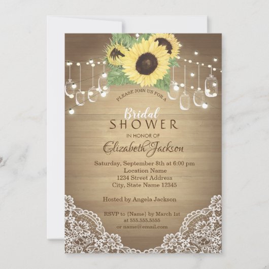 Rustic Lace, Mason Jar, String Lights, Sunflower Kaart (Voorkant)