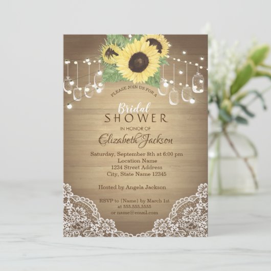 Rustic Lace, Mason Jar, String Lights, Sunflower Kaart (Staand voorkant)