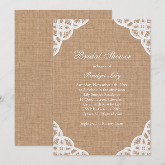 Rustic Lace & Medium Burlap Vrijgezellenfeest uitn Kaart (Voorkant / Achterkant)