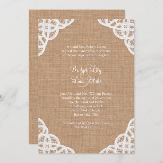 Rustic Lace & Medium Burlap Wedding Invitation Kaart (Voorkant / Achterkant)