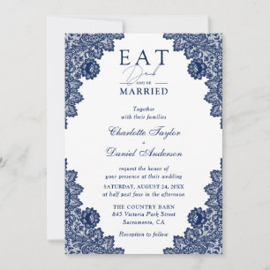 Rustic Lace Navy Blue Eat Drink en moet getrouwd z Kaart