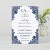 Rustic Lace Navy Blue Eat Drink en moet getrouwd z Kaart (Staand voorkant)