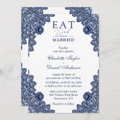 Rustic Lace Navy Blue Eat Drink en moet getrouwd z Kaart (Voorkant / Achterkant)