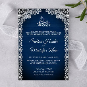  Rustic Lace Navy Blue Islamic Wedding Kaart