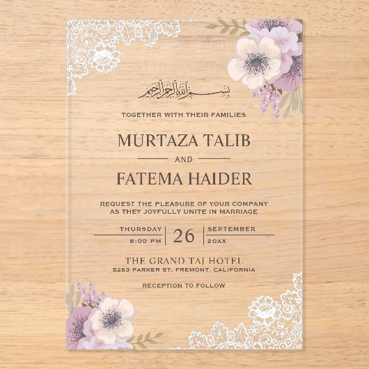 Rustic Lace Pink Floral Islamic Wedding Acryl Uitnodigingen (Voorkant)