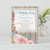 Rustic Lace Pink Rose Bouquet Birthday Uitnodiging (Staand voorkant)