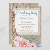 Rustic Lace Pink Rose Bouquet Birthday Uitnodiging (Voorkant / Achterkant)