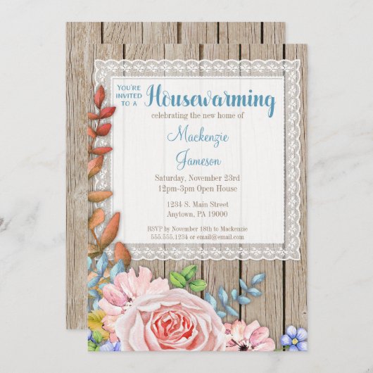 Rustic Lace Pink Rose Housewarming Invitation Kaart (Voorkant / Achterkant)