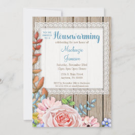 Rustic Lace Pink Rose Housewarming Invitation Kaart
