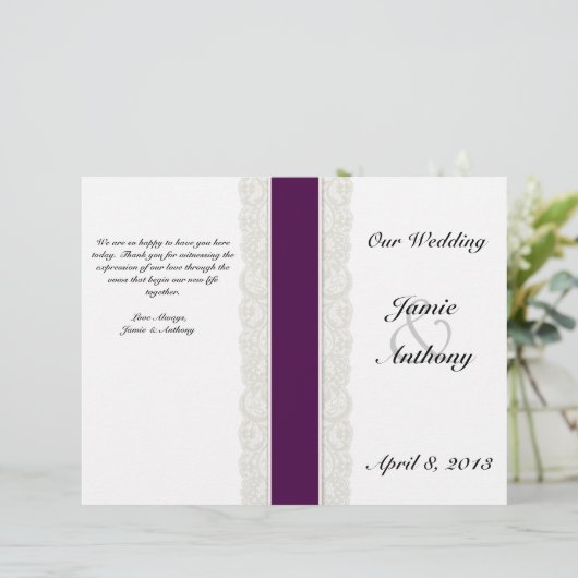 Rustic Lace & Plum Ribbon Wedding Programme (Staand voorkant)