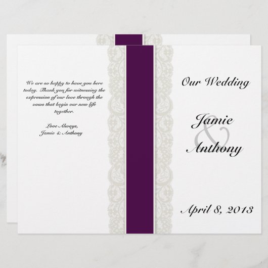 Rustic Lace & Plum Ribbon Wedding Programme (Voorkant / Achterkant)
