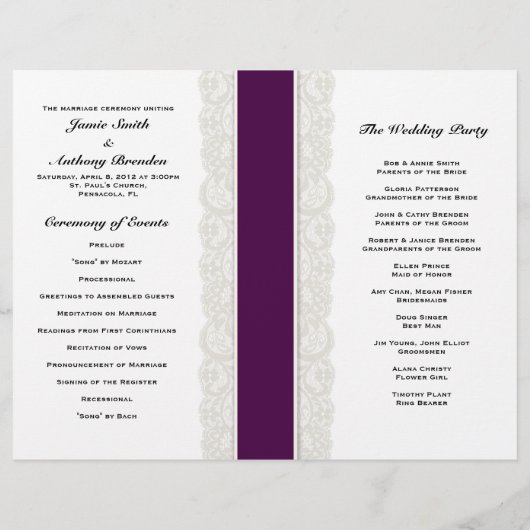 Rustic Lace & Plum Ribbon Wedding Programme (Achterkant)