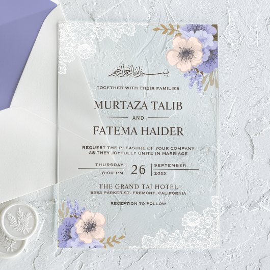 Rustic Lace Purple Floral Islamic Wedding Acryl Uitnodigingen