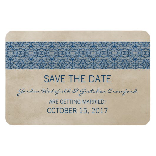 Rustic Lace Save the Date Magnet, Blue Magneet (Horizontaal)