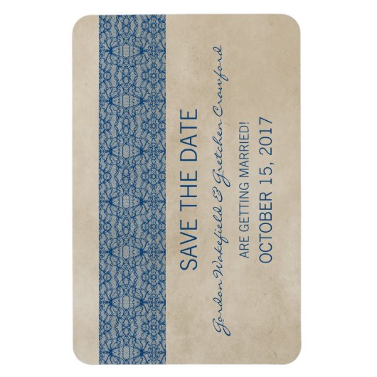 Rustic Lace Save the Date Magnet, Blue Magneet (Verticaal)