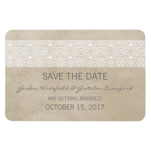 Rustic Lace Save the Date Magnet, Ivory Magneet (Horizontaal)