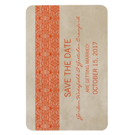 Rustic Lace Save the Date Magnet, Oranje Magneet (Verticaal)