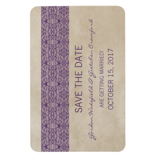 Rustic Lace Save the Date Magnet, Paars Magneet (Verticaal)