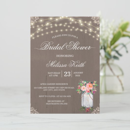 Rustic Lace String Lights Mason Jar Vrijgezellenfe Kaart (Staand voorkant)