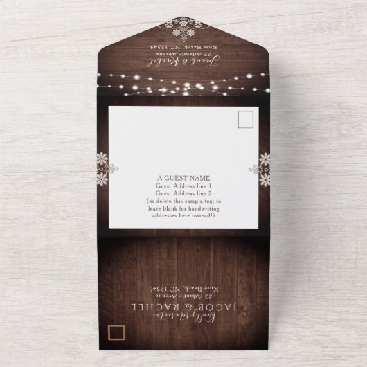 Rustic Lace & String Lights op het houtwacht All In One Uitnodiging (Buitenkant)