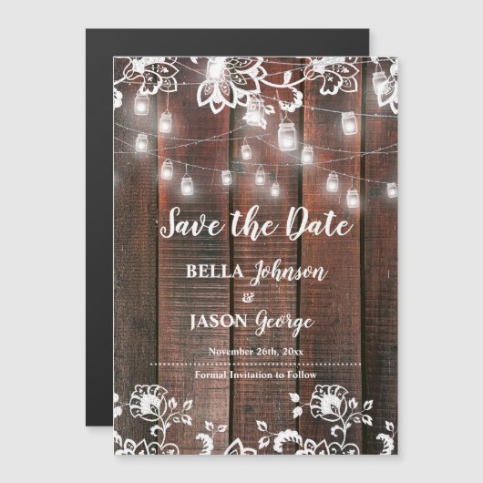 Rustic Lace String Lights Wedding Save the Date Magnetische Uitnodiging (Voorkant / Achterkant)