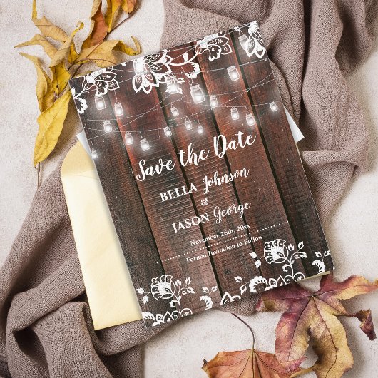 Rustic Lace String Lights Wedding Save The Date Uitnodiging Briefkaart