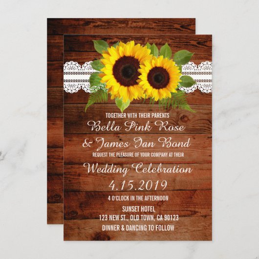 Rustic Lace Sunflower Wedding Invitation Kaart (Voorkant / Achterkant)