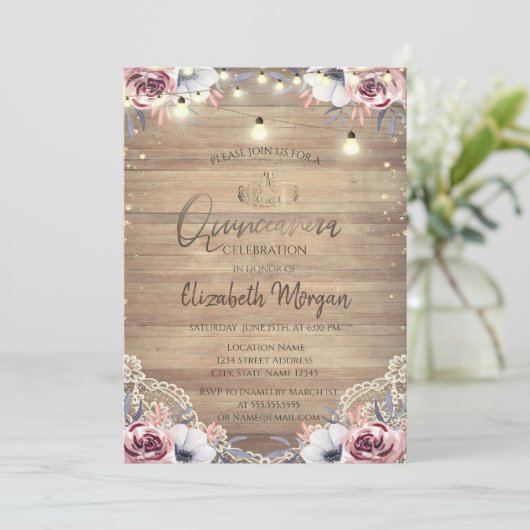 Rustic Lace, Tiara, Lights, Rozen uit hout Quincea Kaart (Staand voorkant)