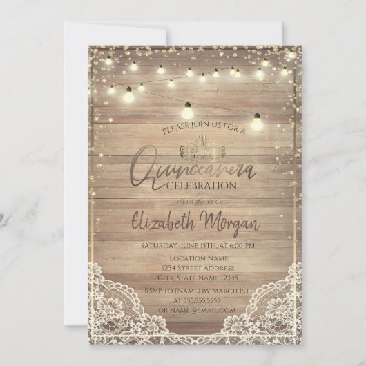 Rustic Lace, Tiara, Lights, Wood Diamonds Quinceañ Kaart (Voorkant)
