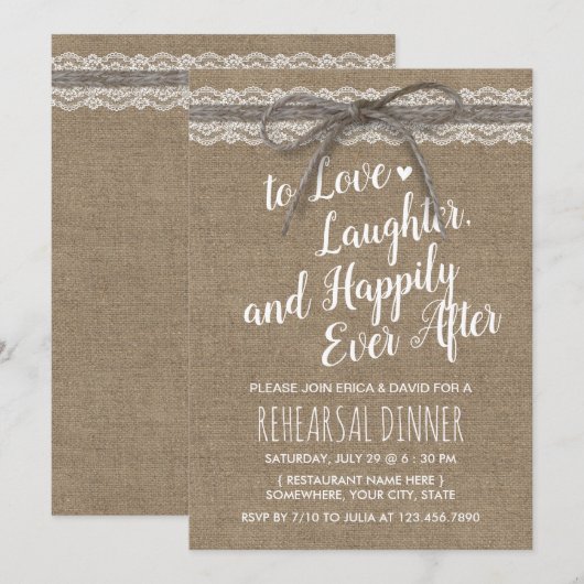 Rustic Lace Twine Country Burlap repesal Dinner Kaart (Voorkant / Achterkant)