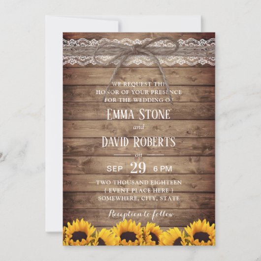 Rustic Lace & Twine Country Sunflower Weduwen Kaart (Voorkant)