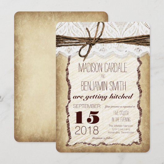 Rustic Lace Twine Wedding Invitations Kaart (Voorkant / Achterkant)