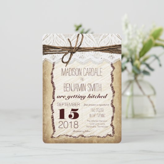  Rustic Lace Twine Wedding Invitations Kaart (Staand voorkant)