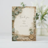Rustic Lace Waszegel Eucalyptus Bruiloft Bedankkaart (Staand voorkant)