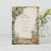 Rustic Lace Waszegel Eucalyptus Bruiloft Kaart (Staand voorkant)
