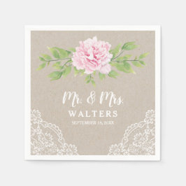 Rustic Lace Waterverf Pink Peony Flower | Servet
