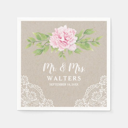 Rustic Lace Waterverf Pink Peony Flower | Servet (Voorkant)