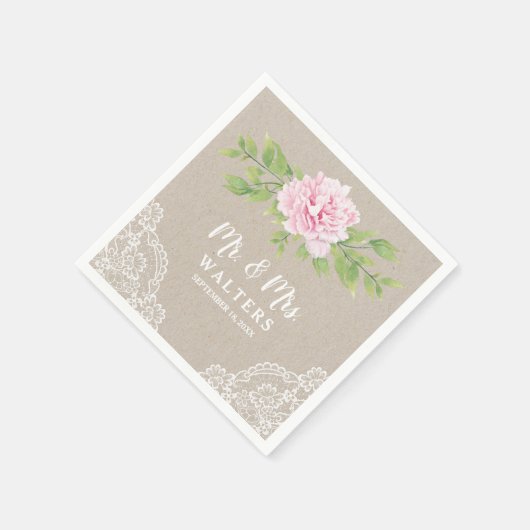 Rustic Lace Waterverf Pink Peony Flower | Servet (Hoek)