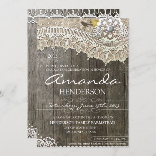 Rustic Lace Wood Afstuderen Uitnodiging (Voorkant / Achterkant)