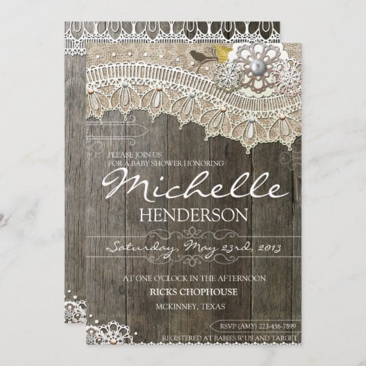 Rustic Lace Wood Baby shower Uitnodiging (Voorkant / Achterkant)